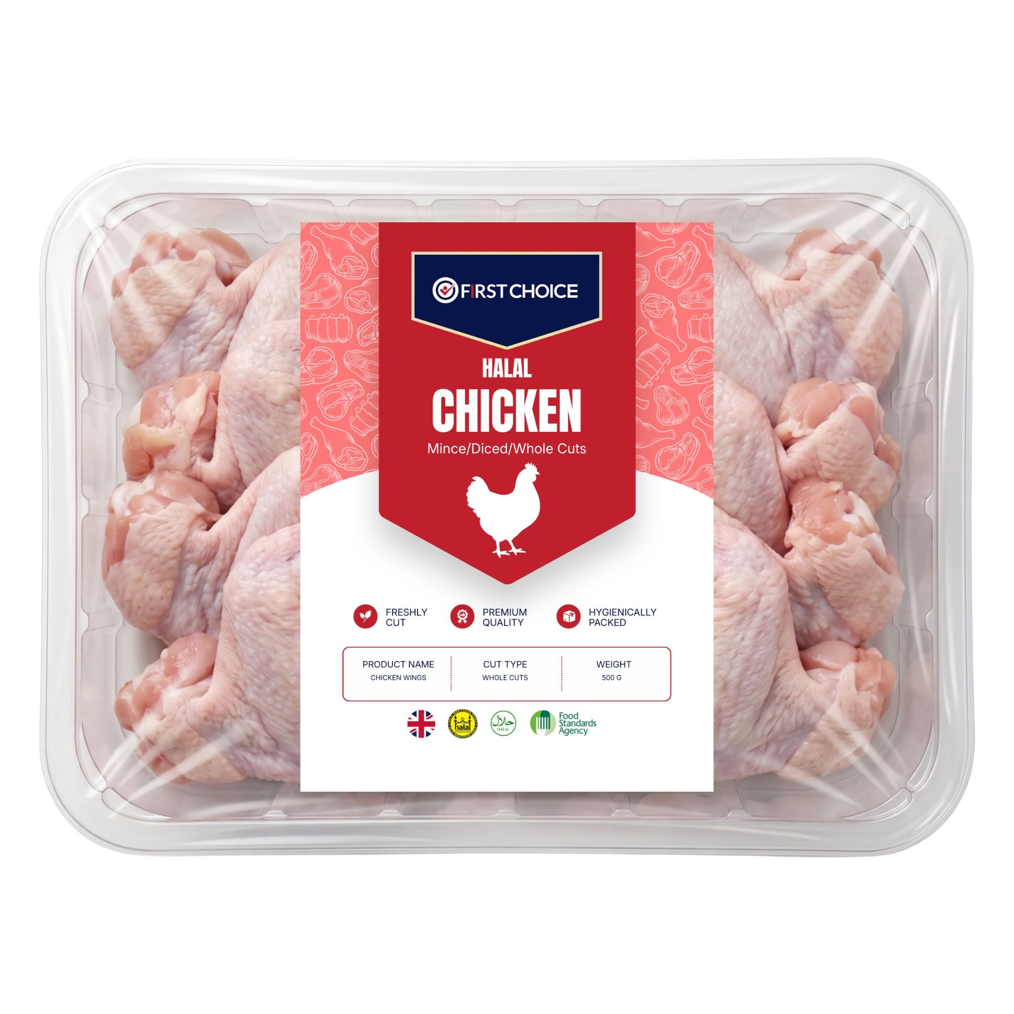 A clear plastic tray of First Choice Halal Chicken Mince/Diced/Whole Cuts, showing the raw pink chicken pieces inside with a red and white label in the center.